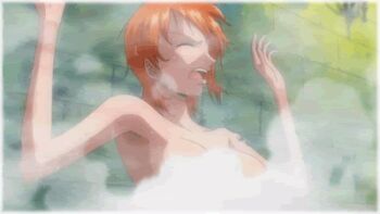 1boy 1girl absalom against_wall animated animated_gif breasts closed_eyes convenient_censoring earrings holding_another&#039;s_wrist invisible jewelry nami_(one_piece) one_piece orange_hair pinned sexual_harassment shower_(place) showering steam steam_censor tattoo wet