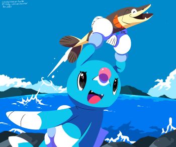 animal_focus arrokuda artist_name brionne evolution fish gen_7_pokemon gen_8_pokemon highres nintendo no_humans pink_pupils playing pokemon pokemon_(creature) pokemon_focus sea_lion seal_(animal) sleepy_sealion snout splashing