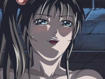 00s 1futa 2003 animated animated_gif anime_screenshot basement bible_black bible_black_night_of_the_walpulgiss blush brown_hair futanari hair_ornament imari_kurumi implied_futanari implied_sex long_hair open_mouth ritual side_ponytail smile solo sweat