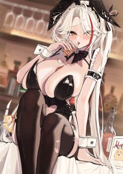 1girl absurdres alcohol animal_ears armband azur_lane bar_(place) black_leotard black_thighhighs breasts candle commentary_request cross cup eyes_visible_through_hair fake_animal_ears feet_out_of_frame frilled_armband frilled_leotard frills highres holding holding_cup huge_breasts indoors iron_cross kimiimik leotard long_hair looking_at_viewer manjuu_(azur_lane) multicolored_hair official_alternate_costume open_mouth playboy_bunny prinz_eugen_(azur_lane) prinz_eugen_(between_tipsiness_and_a_wager)_(azur_lane) rabbit_ears red_streaks sitting solo streaked_hair thighhighs tongue tongue_out torn_clothes torn_thighhighs very_long_hair white_hair white_wrist_cuffs wrist_cuffs yellow_eyes