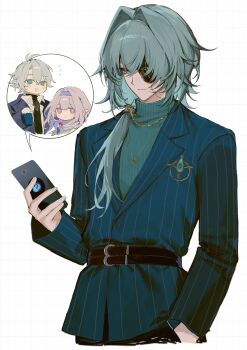 1boy absurdres anaxa_(honkai:_star_rail) anaxa_(world_tour_2025)_(honkai:_star_rail) belt castorice_(honkai:_star_rail) castorice_(luckin_coffee)_(honkai:_star_rail) cellphone closed_mouth commentary expressionless green_hair green_jacket green_sweater grid_background hair_intakes hair_over_shoulder hand_in_pocket highres holding holding_phone honkai:_star_rail honkai_(series) jacket jewelry long_hair long_sleeves looking_at_phone male_focus necklace official_alternate_costume phainon_(honkai:_star_rail) phainon_(luckin_coffee)_(honkai:_star_rail) phone smartphone solo speech_bubble spoken_character striped_clothes striped_jacket sweater turtleneck turtleneck_sweater white_background zv0301