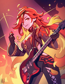 Rule 34 | 1girl, alina l, biker clothes, bikesuit, black bodysuit, black gloves, black jacket, blonde hair, bodysuit, clothing cutout, colored inner hair, commentary, cowboy shot, cropped jacket, earrings, english commentary, eyewear on head, fire, genshin impact, gloves, gold trim, guitar, hair between eyes, hand up, highres, holding, holding guitar, holding instrument, holding plectrum, instrument, jacket, jewelry, long hair, long sleeves, looking at viewer, mavuika (genshin impact), multicolored hair, open clothes, open jacket, orange eyes, parted lips, plectrum, red hair, side cutout, signature, smile, solo, sparkle, standing, sun earrings, sunglasses, thigh cutout, twitter username
