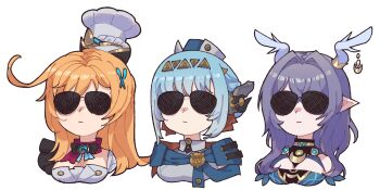 3girls :| absurdres antler_ornament antlers blue_hair braid chef_hat chibi chibi_only closed_mouth commentary_request cowlick cropped_torso deer_antlers escoffier_(genshin_impact) genshin_impact hair_intakes hair_ornament hat highres horns ineffa_(genshin_impact) jewelry lauma_(genshin_impact) light_smile long_hair mona_(monaka) multiple_girls orange_hair pointy_ears purple_hair robot_ears short_hair simple_background sunglasses