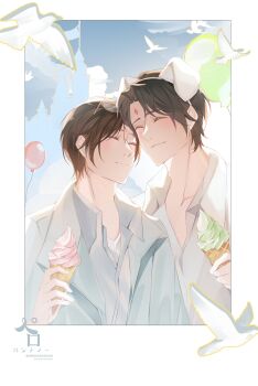 2boys absurdres adam's_apple animal_ear_hairband animal_ears balloon bird black_hair blue_sky border castle closed_eyes closed_mouth cloud collarbone collared_shirt couple curtained_hair dating disneyland dog_ears dove drop_shadow eyewear_on_head fake_animal_ears forehead-to-forehead glasses hairband heads_together highres holding holding_ice_cream_cone ice_cream_cone light_blush luo_binghe male_focus multiple_boys official_alternate_hair_length official_alternate_hairstyle outdoors outline parted_bangs partially_unbuttoned peropapapa18 renzha_fanpai_zijiu_xitong shen_yuan shirt shirt_under_shirt short_hair sky smile twitter_username upper_body white_border white_shirt yaoi yellow_outline zuiyin