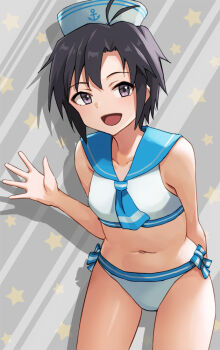 1girl :d antenna_hair bikini black_eyes black_hair blue_neckerchief blue_sailor_collar breasts collarbone cowboy_shot drop_shadow hand_up hashi hat idolmaster idolmaster_(classic) kikuchi_makoto navel neckerchief official_alternate_costume open_mouth sailor_bikini sailor_collar sailor_hat sailor_swimsuit_(idolmaster) short_hair smile solo standing star_(symbol) star_symbol_background swimsuit waving white_bikini