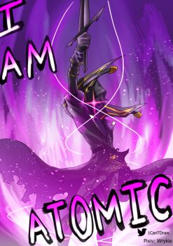 1boy absurdres arm_up belt black_coat black_gloves black_hair black_pants casting_spell coat english_text feet_out_of_frame gloves glowing glowing_eye high_collar highres holding holding_sword holding_weapon hood hood_up i_am_atomic_(meme) kage_no_jitsuryokusha_ni_naritakute! legs_apart long_sleeves meme pants pixiv_username purple_theme richard_park shadow_(cid_kagenou) short_hair solo standing sword torn_clothes torn_coat twitter_logo twitter_username weapon