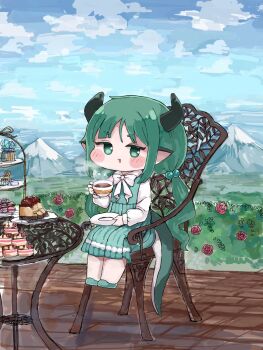 1girl 2msg4l blue_sky blush_stickers bow bowtie bush cake chair chibi chibi_only cup day dragon_girl dragon_horns drinking_glass flower food full_body green_eyes green_hair green_horns green_shoes green_vest hair_bobbles hair_ornament highres holding holding_cup holding_saucer horns jade_(trickcal) long_skirt long_sleeves looking_at_viewer low_twintails macaron mountain official_alternate_costume open_mouth outdoors pleated_skirt pointy_ears red_flower rose saucer shirt shoes sitting skirt sky smile solo table tea teacup tiered_tray trickcal twintails vest white_bow white_bowtie white_shirt wooden_chair