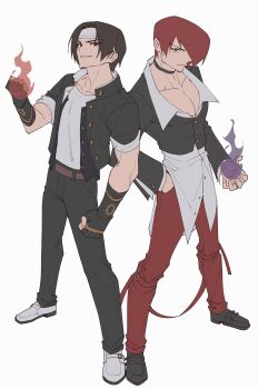 2boys absurdres belt black_choker black_hair black_jacket black_pants black_shoes bondage_pants brown_belt choker clenched_hands collarbone collared_shirt cropped_jacket fingerless_gloves fire full_body gakuran gloves grin hair_over_one_eye hand_in_pocket hashtag-only_commentary headband highres jacket jewelry kusanagi_kyou loafers looking_at_viewer lvemhrd male_focus multiple_boys open_clothes open_jacket pants pectoral_cleavage pectorals purple_fire pyrokinesis red_hair red_pants school_uniform shirt shoes short_hair simple_background smile standing the_king_of_fighters white_background white_headband white_shirt white_shoes yagami_iori