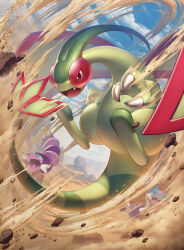 desert dragon drapion fangs flygon gen_3_pokemon gen_4_pokemon highres midair naoki_eguchi nintendo no_humans pokemon pokemon_(creature) red-tinted_eyewear rock sand skorupi tinted_eyewear