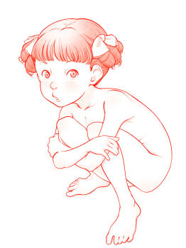 1girl :o barefoot bow completely_nude crossed_arms drill_hair female_focus flat_chest freckles full_body hair_bow hair_ornament highres hugging_own_legs johanna_von_trapp loli looking_at_viewer monochrome nippon_animation nude red_theme riarutoruchokku short_hair simple_background solo squatting toenails toes trapp_ikka_monogatari world_masterpiece_theater