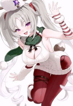 1girl armpits bare_shoulders breasts cable_knit cleavage cleavage_cutout clothing_cutout commentary dress fur_hat fymrie gradient_hair green_scarf grey_hair hand_up hat heart_cutout highres hip_vent large_breasts laru_(snowish)_(stella_sora) laru_(stella_sora) long_hair looking_at_viewer multicolored_hair official_alternate_costume open_mouth pantyhose papakha parted_bangs purple_eyes red_pantyhose scarf sleeveless sleeveless_dress smile socks solo standing standing_on_one_leg stella_sora twintails very_long_hair white_dress white_hair white_hat white_socks