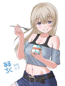 1girl alternate_costume belt black_belt black_bra blue_eyes blush bra eila_ilmatar_juutilainen feet_out_of_frame food grey_hair highres holding holding_spoon long_hair long_sleeves looking_at_viewer naruchiku_(naruchikukai) salmiakki shirt shorts simple_background smile solo spoon stomach strike_witches teeth underwear white_background world_witches_series