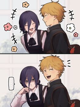... 1boy 1girl backpack bag black_dress black_jacket black_ribbon blonde_hair brown_eyes chainsaw_man character_charm charm_(object) closed_eyes collared_shirt denji_(chainsaw_man) dress gakuran green_eyes hair_between_eyes hand_on_own_chin highres jacket laughing looking_at_another looking_at_viewer neck_ribbon official_alternate_costume on_u_u open_mouth parted_lips pinafore_dress pochita_(chainsaw_man) reze_(chainsaw_man) ribbon school_uniform shaded_face sharp_teeth shirt shirt_under_dress short_hair sleeveless sleeveless_dress smile spoken_ellipsis teeth upper_body white_shirt