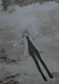 1girl absurdres black_boots black_pants black_shirt blue_eyes blue_hair boots chihuri commentary_request ende_(chihuri) hair_between_eyes highres jacket long_hair long_sleeves lying on_back on_ground open_clothes open_jacket original outdoors outstretched_arms pants shirt smile snow solo spread_arms white_jacket
