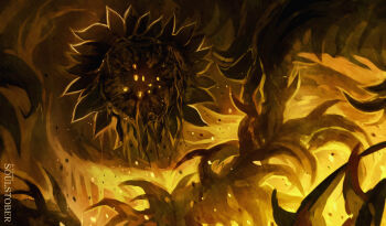 absurdres artist_name commentary elden_ring elden_ring:_shadow_of_the_erdtree english_commentary extra_eyes flower highres inktober looking_at_viewer monster no_humans plant_monster scadutree_avatar sunflower temmaru1 thorns