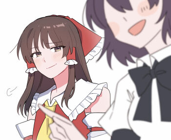 2girls ascot black_bow black_bowtie blush bow bowtie brown_eyes brown_hair closed_mouth collared_shirt commentary_request detached_sleeves frilled_bow frilled_hair_tubes frills hair_bow hair_tubes hakurei_reimu highres long_hair multiple_girls no_eyes open_mouth red_bow sakic43899 shameimaru_aya shirt short_hair smile touhou white_shirt yellow_ascot