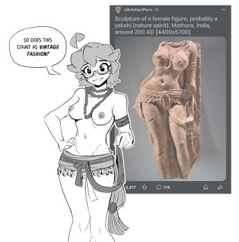 1girl ahoge ancient_indian_clothes blush breasts commentary cropped_legs eclair_(spicymancer) english_commentary english_text fine_art_parody freckles glasses groin hand_on_own_hip highres jewelry looking_at_viewer medium_breasts meme navel nipples nose_blush original parody pelvic_curtain photo-referenced photo_inset reference_inset semi-rimless_eyewear smile speech_bubble spicymancer statue thighs topless_female under-rim_eyewear yakshi_statue_(meme)