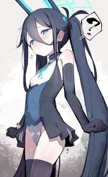 1girl ? absurdres aqua_halo aris_(armed)_(blue_archive) aris_(blue_archive) black_gloves black_hair black_thighhighs blue_archive blush breasts closed_mouth commentary_request cowboy_shot diu1 elbow_gloves gloves green_eyes hair_between_eyes halo highres leotard long_hair ringed_eyes small_breasts solo spoken_question_mark thighhighs twintails very_long_hair