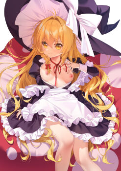 1girl absurdres apron black_shirt black_skirt blonde_hair braid breasts commentary frilled_skirt frills hat highres kirisame_marisa large_hat long_hair looking_at_viewer maid_apron neck_ribbon nipples open_clothes open_shirt poppy_(poppykakaka) ribbon shirt side_braid sitting skirt small_breasts smile solo touhou variant_set very_long_hair waist_apron white_apron witch_hat yellow_eyes
