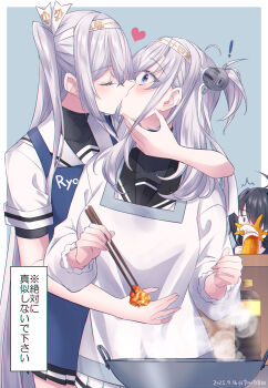 ! 3girls alcohol anchor_symbol apron beer beer_mug black_hair black_sailor_collar black_skirt blue_apron blush bottle chopsticks closed_eyes commentary_request cooking cup dated foam food fuyutsuki_(kancolle) grey_hair hachimaki hair_between_eyes hair_over_one_eye headband heart highres holding holding_chopsticks holding_cup kabocha_torute kako_(kancolle) kantai_collection kappougi kiss long_sleeves mug multiple_girls one_side_up pleated_skirt sailor_collar school_uniform serafuku short_sleeves skirt steam suzutsuki_(kancolle) translation_request twitter_username white_headband white_sailor_collar white_skirt yuri
