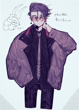 1boy alternate_costume black-framed_eyewear black_pants black_shirt blush closed_mouth collared_shirt commentary_request corbeau_(pokemon) cropped_legs eyewear_strap gen_5_pokemon glasses hair_between_eyes hand_in_pocket hand_on_own_neck highres jacket long_sleeves looking_at_viewer male_focus mezi_roro necktie nintendo open_clothes open_jacket orange_eyes pants pokemon pokemon_legends:_z-a purple_hair purple_jacket purple_necktie round_eyewear scolipede shirt simple_background solo translation_request