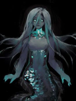 1girl absurdres arm_fins black_background blue_eyes commentary english_commentary floating_hair glowing glowing_hand highres lantern_fish long_hair looking_at_viewer mermaid monster_girl nude original scales simple_background sitting smile solo twulfs white_hair