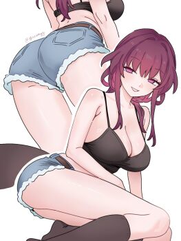 Rule 34 | 1girl, ass, belt, black socks, black tank top, breasts, brown belt, cleavage, commentary, denim, denim shorts, from behind, highres, honkai: star rail, honkai (series), kafka (honkai: star rail), large breasts, looking at viewer, medium hair, purple eyes, purple hair, shorts, simple background, smile, socks, tank top, white background, xxskreamlo87809