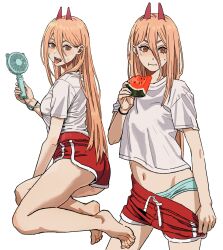 Rule 34 | 1girl, absurdres, aqua panties, ass, bare legs, barefoot, blush, breasts, chainsaw man, cross-shaped pupils, demon horns, dolphin shorts, eating, electric fan, feet, food, fruit, hand fan, highres, holding, holding fan, holding food, holding fruit, holding watermelon, horns, hot, legs, light brown hair, looking at viewer, medium breasts, multiple views, navel, panties, power (chainsaw man), red shorts, sharp teeth, shiren (ourboy83), shirt, shorts, simple background, stomach, sweatdrop, symbol-shaped pupils, teeth, toenails, toes, tongue, tongue out, underwear, watermelon, white background, white shirt