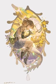 1boy 1girl absurdres belt_pouch blonde_hair braid brown_hair chinese_commentary clip_studio_paint_(medium) commentary_request dated dress earrings elf flower full_body highres holding holding_sword holding_weapon impaled jewelry lamblab0824 link nintendo pointy_ears pouch princess_zelda sandals signature sword the_legend_of_zelda the_legend_of_zelda:_tears_of_the_kingdom weapon white_dress