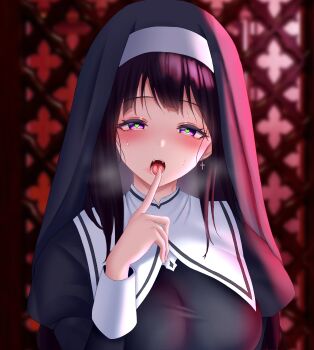 black_hair blush breasts breath chitanda_eru commentary_request confessional finger_to_mouth half-closed_eyes heart heart-shaped_pupils highres hyouka indoors large_breasts long_hair looking_at_viewer nun nun_headdress purple_eyes solo sweat symbol-shaped_pupils urarasy