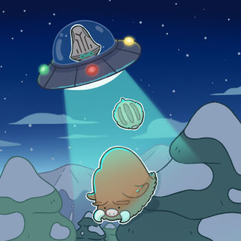 brown_fur elgyem gen_2_pokemon gen_5_pokemon night nintendo no_humans outdoors piloswine pine_tree pinkapricorn pokemon pokemon_(creature) snow star_(sky) swinub tree tusks ufo