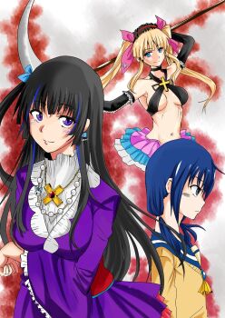 Rule 34 | 3girls, bare shoulders, black hair, blonde hair, blue eyes, blue hair, blunt bangs, breast hold, breasts, corpse party, cross, dress, earrings, elbow gloves, frills, gloves, hair ribbon, headdress, highres, jewelry, large breasts, long hair, magali mizuki, midriff, multiple girls, necklace, niwa aiko, no bra, onuma kuma, ribbon, school uniform, scythe, shinozaki ayumi, skirt, smile, twintails, weapon