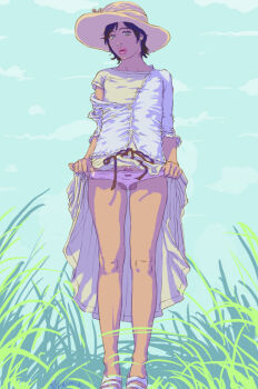 Rule 34 | 1boy, bare legs, blue dress, blue eyes, brown hair, clothes lift, dress, grass, hat, lips, outdoors, panties, penis in panties, pink panties, red lips, sandals, seductive gaze, shirt, short hair, skirt, skirt lift, sun hat, sundress, t-shirt, testicle slip, trap, underwear, white shirt