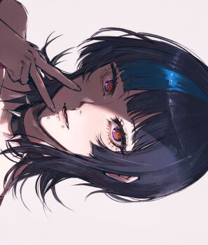 Rule 34 | + +, 1boy, black choker, black hair, blue streaks, chin piercing, choker, collar, dodo (dodobo), face piercing, highres, hoshi kirara, jujutsu kaisen, lip piercing, looking at viewer, medium hair, multiple piercings, parted lips, piercing, portrait, purple eyes, sideways, simple background, solo, solo focus, spiked collar, spikes, strap, v, white background, wolf cut