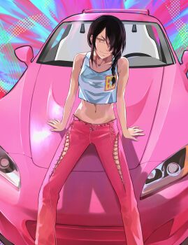 1girl 2_fast_2_furious absurdres black_hair braid braided_ponytail car chainsaw_man closed_mouth commentary dakaeya english_commentary fast_&amp;_furious hair_over_one_eye hair_over_shoulder highres honda honda_s2000 midriff motor_vehicle navel nayuta_(chainsaw_man) orange_eyes pants pink_car pink_pants ringed_eyes seductive_smile smile solo tank_top