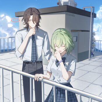 2girls 3boys aether_(genshin_impact) aged_down ahoge alternate_costume alternate_universe artist_name belt belt_buckle black_belt blonde_hair blouse blue_bow blue_bowtie blue_eyes blue_flower blue_necktie blue_skirt blue_sky blue_sweater_vest bow bowtie bracelet breast_pocket brown_eyes brown_hair brown_shoes buckle building cardigan cardigan_around_waist clenched_hand closed_eyes closed_mouth clothes_around_waist cloud cloudy_sky collared_shirt commentary contemporary couple dainsleif_(genshin_impact) english_commentary eyelashes facing_another facing_down flower genshin_impact green_hair grey_pants hair_between_eyes hair_flower hair_intakes hair_ornament hand_on_railing hand_up height_difference hetero hiding highres jewelry jitome kneeling looking_at_another lumine_(genshin_impact) multicolored_flower multiple_boys multiple_girls necktie open_mouth outdoors pants peeking_out pink_cardigan pocket railing rerir_(genshin_impact) school_rooftop school_uniform shirt shoes short_sleeves skirt sky socks spoken_blush sweater_vest tholindis_(genshin_impact) three-quarter_sleeves tile_floor tiles tongue tongue_out twitter_username twitter_x_logo white_flower white_shirt white_sleeves white_socks xiaohongshu_id yiyiyiyi670