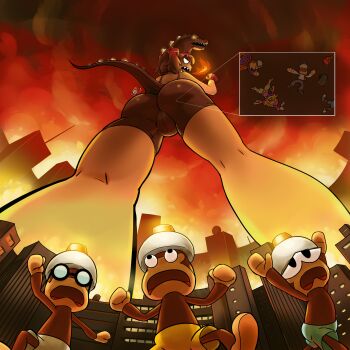 1girl absurdres angry ass bike_shorts brown_hair fire from_below giant giantess glasses godzilla_(series) highres legs monkey open_mouth parody pipo_monkey saru_getchu sayaka_(saru_getchu) scared sports_bra thighhighs twintails
