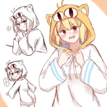 Rule 34 | 1girl, :d, ahoge, alternate costume, animal ear fluff, animal ears, animal hood, arcueid brunestud, blonde hair, blush, cat ears, cat hood, commentary request, fake animal ears, hair intakes, highres, hood, hoodie, hoshino (gmve4cc), long sleeves, looking at viewer, looking back, miniskirt, musical note, open mouth, own hands together, red eyes, short hair, sidelocks, skirt, smile, spoken musical note, teeth, tsukihime, tsukihime (remake), upper teeth only, white hoodie, yellow hood