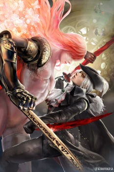 5girls absurdres amputee ascot blood bloodborne blue_eyes blue_hair blue_skin boots breasts bug butterfly chibi cloak closed_mouth colored_skin company_connection completely_nude cracked_skin doll_joints double_blade dress elden_ring extra_arms floating_hair fromsoftware fur_cloak gem gloves hat hat_feather highres holding holding_sword holding_weapon insect jar joints kurotokusa lady_maria_of_the_astral_clocktower long_hair malenia_blade_of_miquella malenia_goddess_of_rot mechanical_arms millicent_(elden_ring) multiple_girls navel nude one_eye_closed plain_doll ponytail prosthesis prosthetic_arm prosthetic_leg rakuyo_(bloodborne) ranni_the_witch red_hair short_ponytail single_mechanical_arm smile sword tea tricorne very_long_hair weapon white_dress white_hair white_headwear witch_hat yellow_eyes