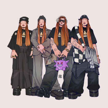 4girls albabg arm_tattoo artist_logo artist_name artist_self-insert bag baseball_cap black_jacket black_pants black_shirt boots closed_eyes clothes_around_waist commentary english_commentary fashion formal_clothes full_body gen_1_pokemon gengar handbag hat headphones highres holding holding_bag jacket jewelry logo long_hair long_sleeves multiple_girls multiple_views nintendo orange_hair original pants pokemon ring shirt shirt_around_waist shoes simple_background skirt smile standing suit sunglasses tattoo watch white_background wristwatch