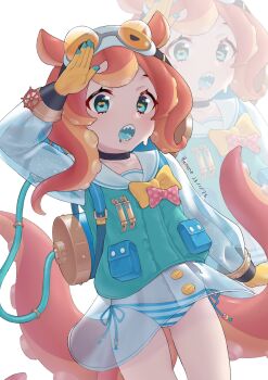 Rule 34 | 1girl, absurdres, bikini, bilingual commentary, blue bikini, blue tongue, character request, colored tongue, commentary, dated, english commentary, gloves, highres, long sleeves, mixed-language commentary, monster girl, open mouth, orange hair, princess connect!, ruinone, rurui (princess connect!), sailor collar, scylla, see-through clothes, sharp teeth, side-tie bikini bottom, signature, simple background, striped bikini, striped clothes, swimsuit, teeth, tentacle hair, tentacles, variant set, white background, white sailor collar, yellow gloves, zoom layer