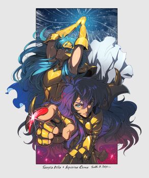 2018 2boys aiming aiming_at_viewer androgynous aquarius_camus armor aurora_execution bishounen blue_eyes blue_hair cape character_name clenched_hand cryokinesis dated fighting_stance gauntlets glimt gold_armor gold_cloth gold_saint kinako_(462) long_hair looking_at_viewer male_focus multiple_boys nail_polish open_mouth outline outstretched_arm outstretched_hand pauldrons pointing pointing_at_viewer powering_up red_nails red_outline saint_seiya scorpio_milo shoulder_spikes snowflakes spiked_pauldrons spikes v-shaped_eyebrows very_long_fingernails white_cape