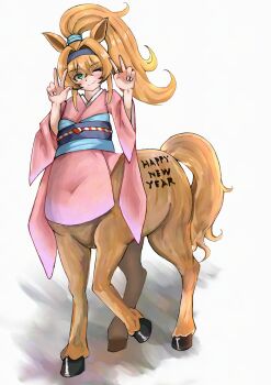 1girl ;) animal_ears black_headband blonde_hair blush body_writing centaur chinese_zodiac closed_mouth commentary_request crossed_bangs double_v full_body green_eyes hair_between_eyes happy_new_year headband high_ponytail highres hooves horse_ears horse_tail japanese_clothes kimono long_hair long_sleeves looking_at_viewer monster_girl multiple_legs new_year obi one_eye_closed original pink_kimono ponytail sash shadow sidelocks simple_background smile solo standing standing_on_three_legs tail taur v voga_(pixiv_100405214) white_background year_of_the_horse
