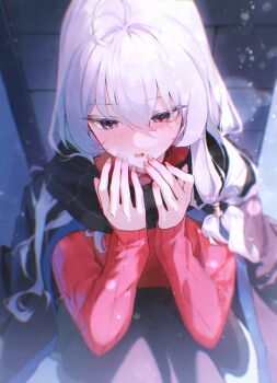 1girl ahoge black_dress black_scarf blurry blush breath cold commentary depth_of_field dress elaina_(majo_no_tabitabi) film_grain grey_hair hair_between_eyes hands_up highres long_hair long_sleeves majo_no_tabitabi no_headwear open_mouth purple_eyes red_nails red_sweater scarf shiina_1001 snow solo sweater symbol-only_commentary winter