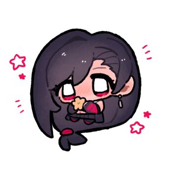 Rule 34 | 1girl, black gloves, black hair, black skirt, blush, blym7oym7759061, commentary, earrings, elbow gloves, final fantasy, final fantasy vii, final fantasy vii remake, flower, full body, gloves, holding, holding flower, jewelry, long hair, low-tied long hair, midriff, navel, notice lines, red eyes, simple background, single arm guard, skirt, solo, star (symbol), symbol-only commentary, tifa lockhart, very long hair, white background, yellow flower