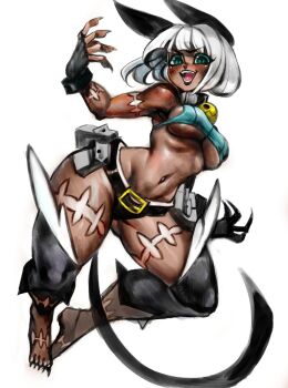 1girl 2025 abs animal_ears barefoot belt belt_pouch blonde_hair blue_eyes breasts brown_lips cat_ears cat_girl cat_tail claw_pose colored_eyelashes commentary dark-skinned_female dark_skin dynamic_pose english_commentary fangs fangs_out fingerless_gloves fingernails full_body gloves highres kitty920831mai long_fingernails looking_at_viewer medium_breasts midair ms._fortune_(skullgirls) muscular muscular_arms muscular_female muscular_legs navel panties pointing pouch revealing_clothes scar sharp_teeth short_hair skullgirls solo tail teeth thick_thighs thighs underboob underwear utility_belt very_short_hair white_hair