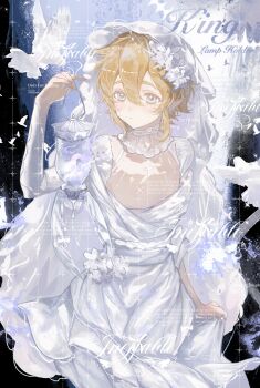 1boy absurdres alternate_costume aotu_world bird bird_on_hand blonde_hair blue_eyes blush bridal_gauntlets bridal_veil character_name chinese_commentary clothes_grab collar commission crossdressing crossdressing_(mtf) detached_collar dove dress english_text feathered_wings feathers fire flower flower_on_head hair_between_eyes hair_flower hair_ornament hand_up highres holding holding_lantern king_(aotu_world) lantern long_sleeves looking_at_viewer male_focus plutoray pointy_ears purple_fire short_hair sidelocks solo sparkle trap veil watermark watermark_grid wedding_dress white_bird white_bridal_gauntlets white_collar white_dress white_feathers white_flower white_veil white_wings wings
