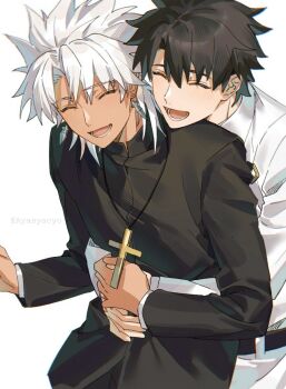 2boys amakusa_shirou_(fate) ayasyacyo black_hair blush closed_eyes cross cross_necklace dark-skinned_male dark_skin earrings fate/grand_order fate_(series) fujimaru_ritsuka_(male) hug hug_from_behind jacket jewelry latin_cross long_sleeves male_focus multiple_boys necklace open_mouth priest short_hair simple_background smile upper_body white_background white_hair yaoi