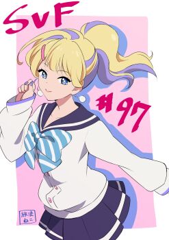 1girl anime_coloring aqua_bow aqua_bowtie blonde_hair blue_eyes border bow bowtie closed_mouth hair_ornament high_ponytail highres kuroneko_(0413) multicolored_hair nail_polish outside_border ponytail purple_hair purple_nails purple_sailor_collar purple_skirt sailor_collar school_uniform shadowverse shadowverse_(animated_series) shadowverse_flame shirt signature skirt solo striped_bow striped_bowtie striped_clothes takanashi_tsubasa_(shadowverse_flame) white_border white_shirt