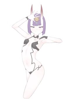 1girl absurdres bare_shoulders blunt_bangs bob_cut breasts bridal_gauntlets collarbone cropped_legs eyeliner fate/grand_order fate_(series) headpiece highres horns jojo_pose looking_at_viewer makeup navel oni peachyp purple_eyes purple_hair revealing_clothes short_hair shuten_douji_(fate) simple_background skin-covered_horns small_breasts smile solo thighs white_background